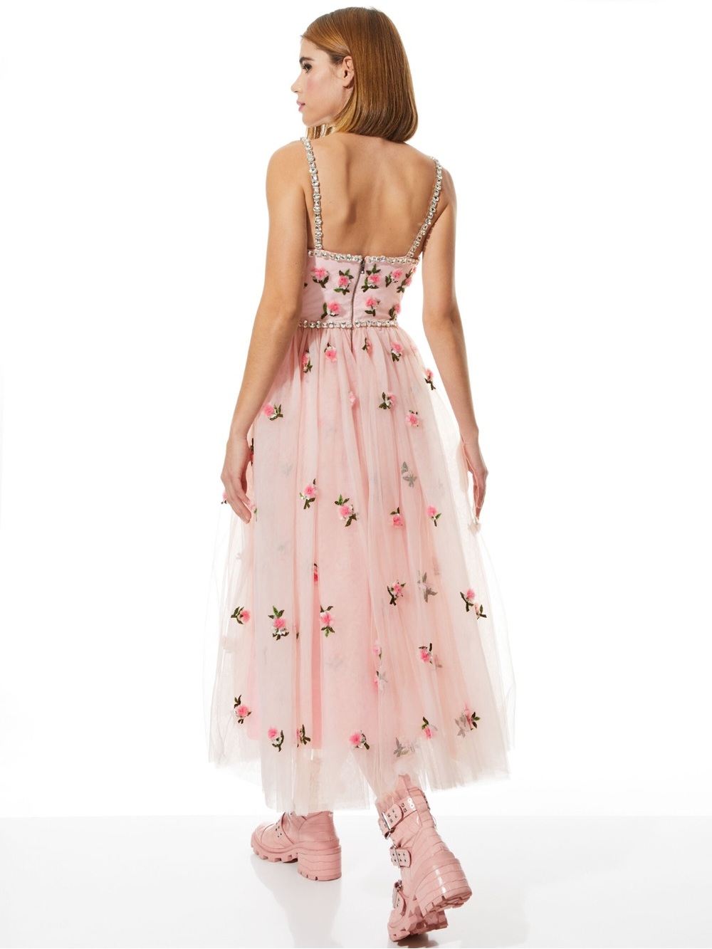 Alice & Olivia New Lupita Crystal Strap Embellished 3D Flowers Tulle Midi Gown 6 - Picture 3 of 16